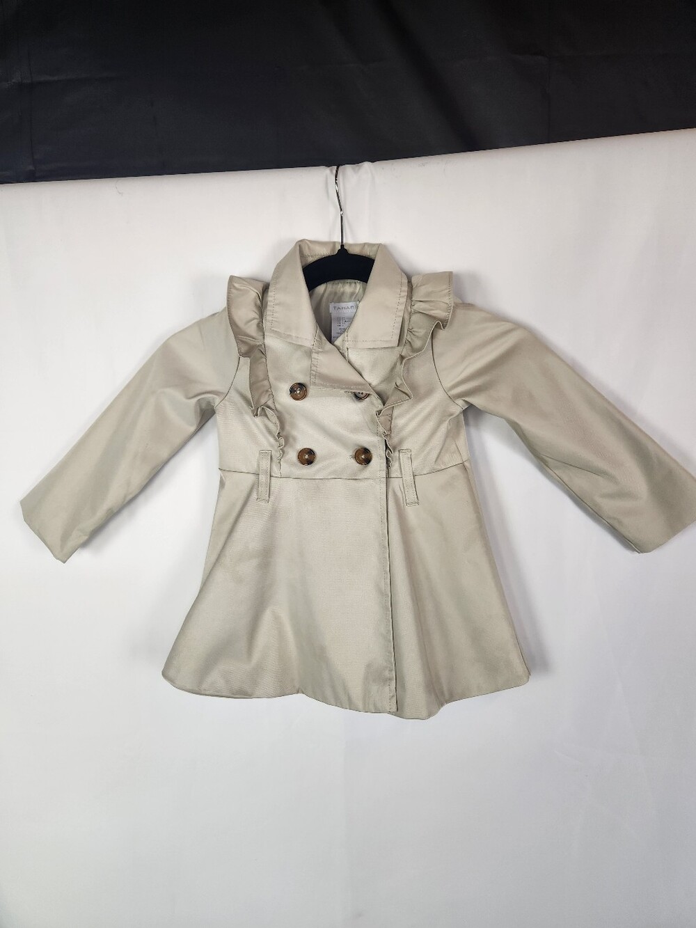 Tahari Girls Beige Ruffle Trench Coat 2T Double Breasted Preppy Classic